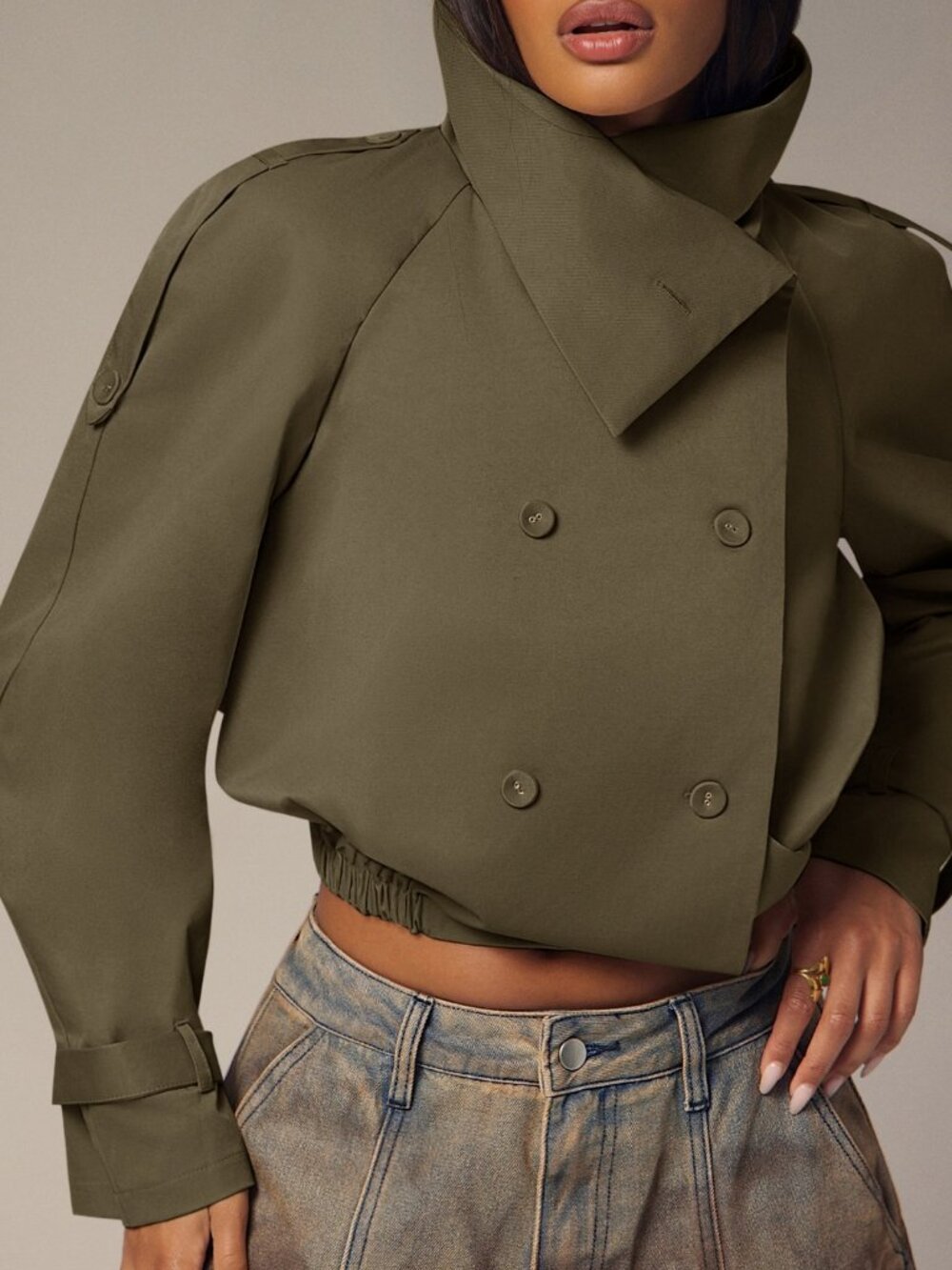 Olive Green Casual Women's Double-Breasted Loose Short Trench Coat Jacket